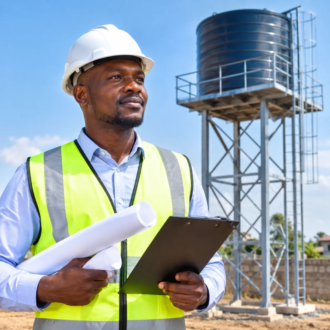 engineer overseeing elevated water tank